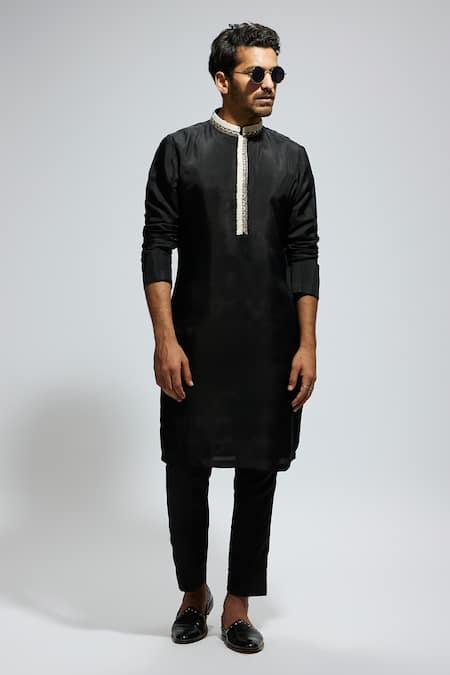 Sva By Sonam & Paras Modi_Black Crepe Embroidery Placket Embellished Kurta Set_Online_at_Aza_Fashions
