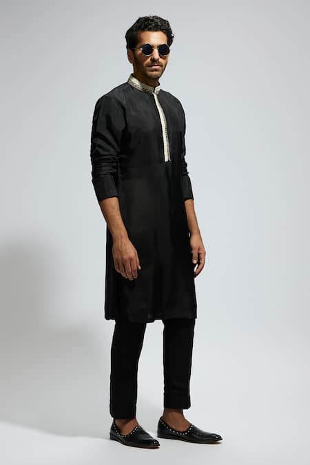 Buy_Sva By Sonam & Paras Modi_Black Crepe Embroidery Placket Embellished Kurta Set_Online_at_Aza_Fashions