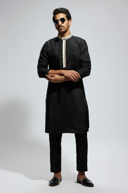 Sva By Sonam & Paras Modi_Black Crepe Embroidery Placket Embellished Kurta Set_at_Aza_Fashions