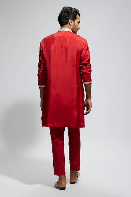 Shop Sva By Sonam & Paras Modi Red Crepe Studs Embellished Mandarin Collar Kurta Set at Aza Fashions Shop_Sva By Sonam & Paras Modi_Red Crepe Studs Embellished Mandarin Collar Kurta Set_at_Aza_Fashions