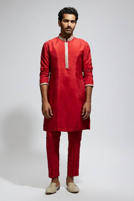 Sva By Sonam & Paras Modi Red Crepe Studs Embellished Mandarin Collar Kurta Set Online at Aza Fashions Sva By Sonam & Paras Modi_Red Crepe Studs Embellished Mandarin Collar Kurta Set_Online_at_Aza_Fashions