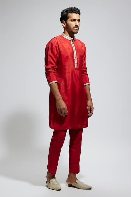 Buy Sva By Sonam & Paras Modi Red Crepe Studs Embellished Mandarin Collar Kurta Set Online at Aza Fashions Buy_Sva By Sonam & Paras Modi_Red Crepe Studs Embellished Mandarin Collar Kurta Set_Online_at_Aza_Fashions