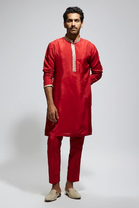 Sva By Sonam & Paras Modi Red Crepe Studs Embellished Mandarin Collar Kurta Set at Aza Fashions Sva By Sonam & Paras Modi_Red Crepe Studs Embellished Mandarin Collar Kurta Set_at_Aza_Fashions