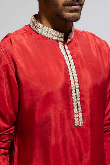 Buy Sva By Sonam & Paras Modi Red Crepe Studs Embellished Mandarin Collar Kurta Set Buy_Sva By Sonam & Paras Modi_Red Crepe Studs Embellished Mandarin Collar Kurta Set