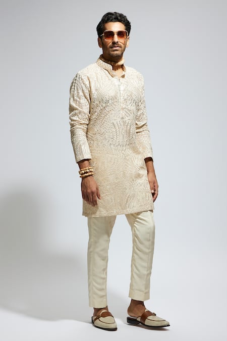 Sva By Sonam & Paras Modi_Beige Organza Embroidery Resham Kurta Set_Online_at_Aza_Fashions