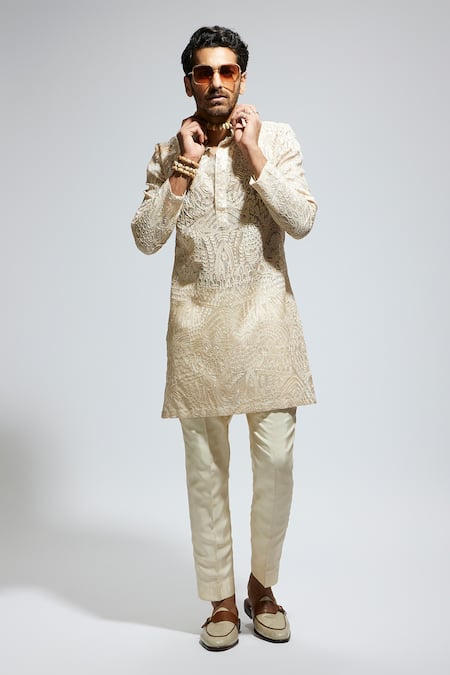 Shop_Sva By Sonam & Paras Modi_Beige Organza Embroidery Resham Kurta Set_Online_at_Aza_Fashions