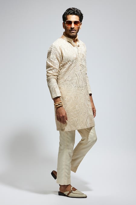 Sva By Sonam & Paras Modi_Beige Organza Embroidery Resham Kurta Set_at_Aza_Fashions