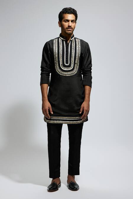 Sva By Sonam & Paras Modi_Black Silk Sequins, Embroidery Kurta Set_Online_at_Aza_Fashions
