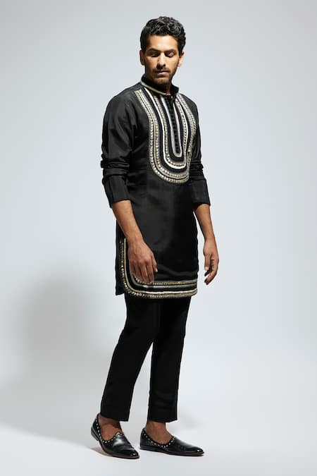 Buy_Sva By Sonam & Paras Modi_Black Silk Sequins, Embroidery Kurta Set_Online_at_Aza_Fashions