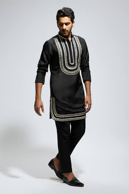 Sva By Sonam & Paras Modi_Black Silk Sequins, Embroidery Kurta Set_at_Aza_Fashions