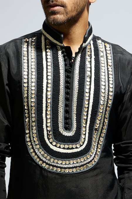 Buy_Sva By Sonam & Paras Modi_Black Silk Sequins, Embroidery Kurta Set