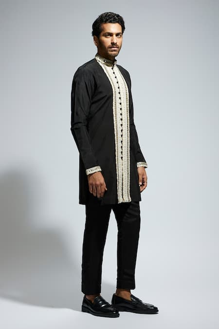 Sva By Sonam & Paras Modi_Black Silk Sequins, Embroidery Kurta Set_Online_at_Aza_Fashions