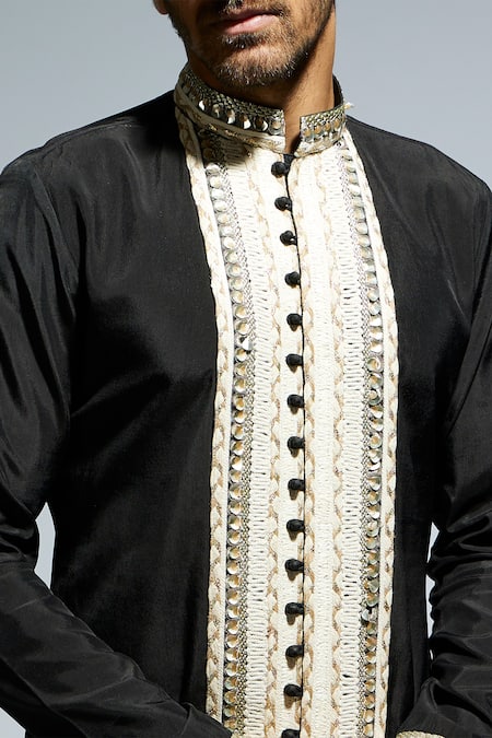 Shop_Sva By Sonam & Paras Modi_Black Silk Sequins, Embroidery Kurta Set_Online_at_Aza_Fashions