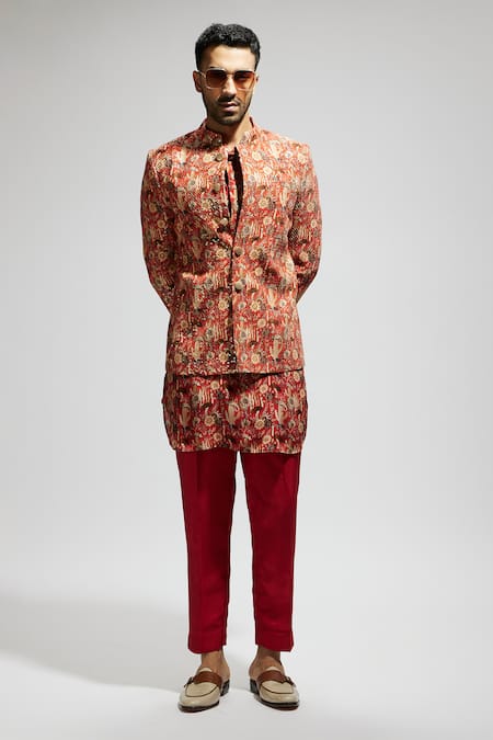 Sva By Sonam & Paras Modi_Orange Silk Sequins, Embroidery Floral Jaal Bandhgala Set_Online_at_Aza_Fashions