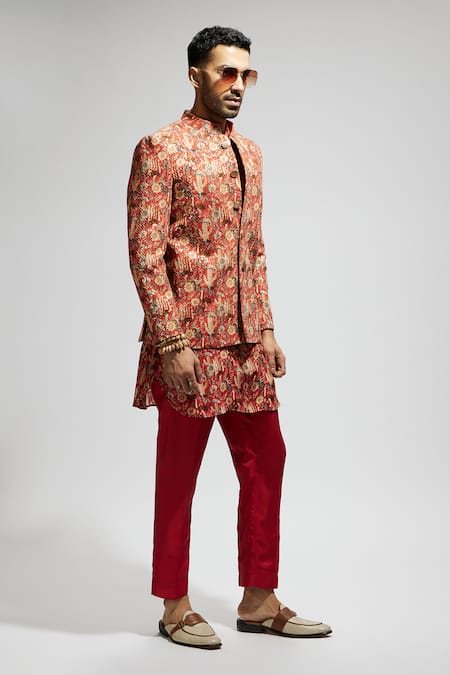 Buy_Sva By Sonam & Paras Modi_Orange Silk Sequins, Embroidery Floral Jaal Bandhgala Set_Online_at_Aza_Fashions