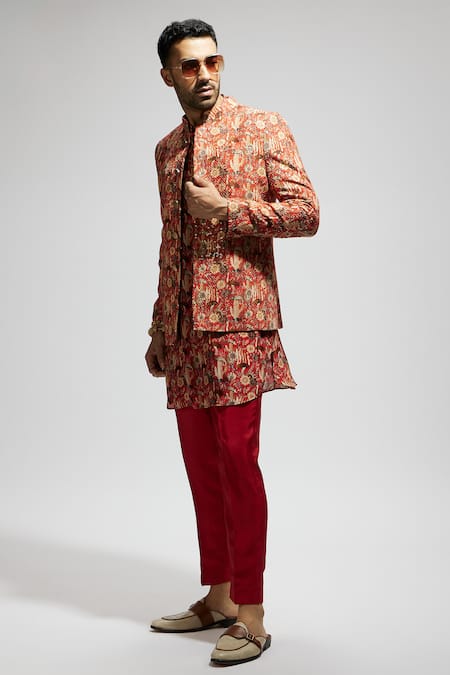 Sva By Sonam & Paras Modi_Orange Silk Sequins, Embroidery Floral Jaal Bandhgala Set_at_Aza_Fashions