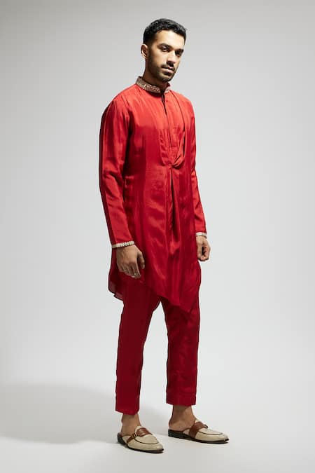 Sva By Sonam & Paras Modi Red Crepe Embroidery Embellished Draped Kurta And Pant Set Online at Aza Fashions Sva By Sonam & Paras Modi_Red Crepe Embroidery Embellished Draped Kurta And Pant Set_Online_at_Aza_Fashions