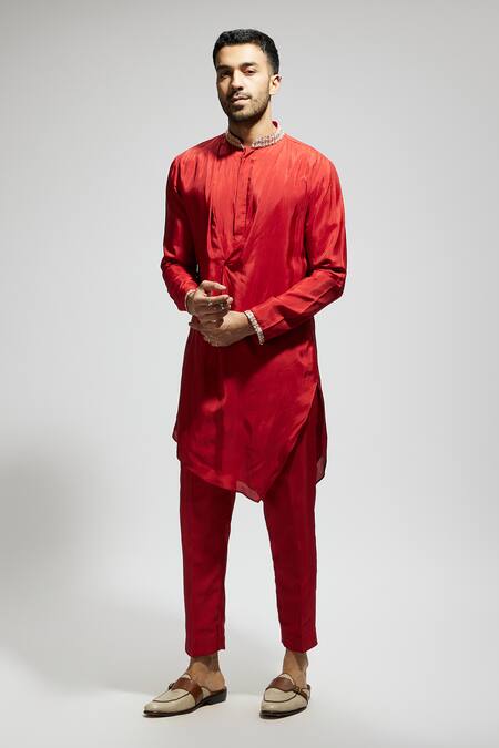 Sva By Sonam & Paras Modi Red Crepe Embroidery Embellished Draped Kurta And Pant Set at Aza Fashions Sva By Sonam & Paras Modi_Red Crepe Embroidery Embellished Draped Kurta And Pant Set_at_Aza_Fashions