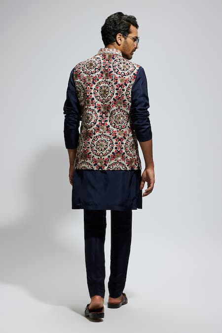 Shop Sva By Sonam & Paras Modi Blue Silk Embroidery Thread Bundi And Kurta Set at Aza Fashions Shop_Sva By Sonam & Paras Modi_Blue Silk Embroidery Thread Bundi And Kurta Set_at_Aza_Fashions
