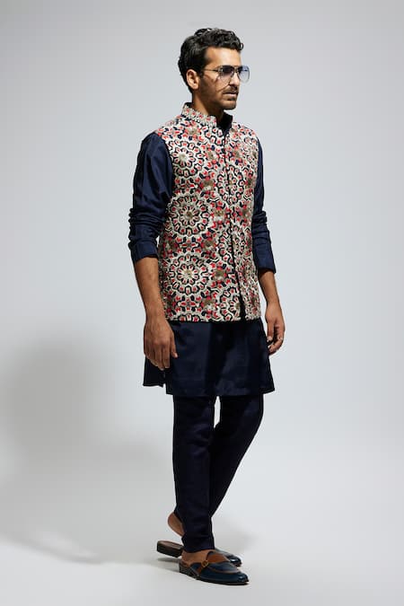 Buy Sva By Sonam & Paras Modi Blue Silk Embroidery Thread Bundi And Kurta Set Online at Aza Fashions Buy_Sva By Sonam & Paras Modi_Blue Silk Embroidery Thread Bundi And Kurta Set_Online_at_Aza_Fashions