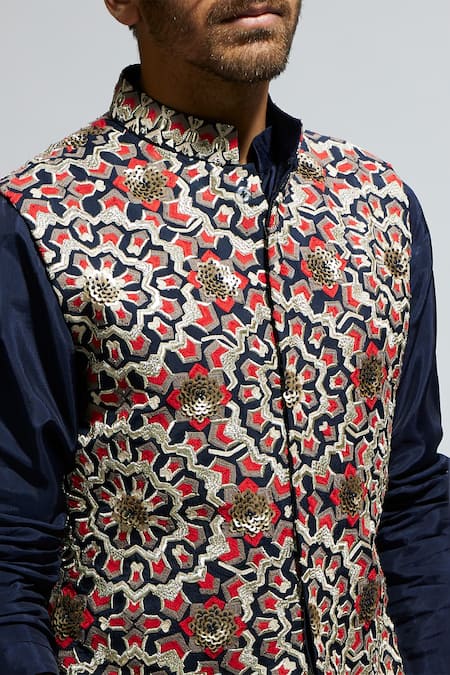 Buy Sva By Sonam & Paras Modi Blue Silk Embroidery Thread Bundi And Kurta Set Buy_Sva By Sonam & Paras Modi_Blue Silk Embroidery Thread Bundi And Kurta Set