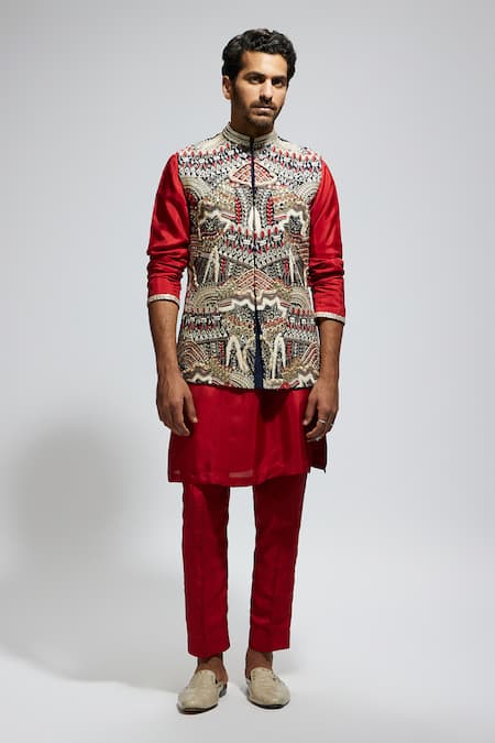 Sva By Sonam & Paras Modi_Blue Silk Sequins, Embroidery Abstract Bundi And Kurta Set_Online_at_Aza_Fashions