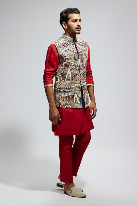 Buy_Sva By Sonam & Paras Modi_Blue Silk Sequins, Embroidery Abstract Bundi And Kurta Set_Online_at_Aza_Fashions