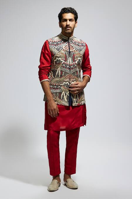 Sva By Sonam & Paras Modi_Blue Silk Sequins, Embroidery Abstract Bundi And Kurta Set_at_Aza_Fashions