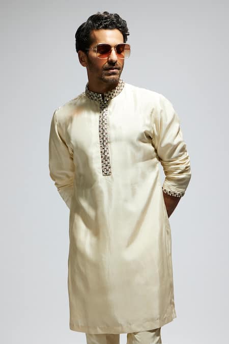 Shop Sva By Sonam & Paras Modi Beige Silk Studs Embellished Kurta Set Shop_Sva By Sonam & Paras Modi_Beige Silk Studs Embellished Kurta Set