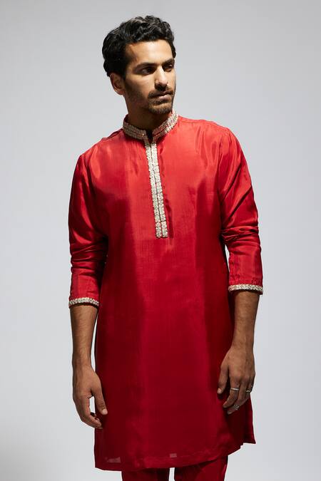 Shop Sva By Sonam & Paras Modi Red Crepe Studs Embellished Mandarin Collar Kurta Set Shop_Sva By Sonam & Paras Modi_Red Crepe Studs Embellished Mandarin Collar Kurta Set
