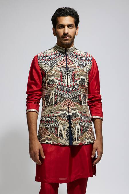 Shop_Sva By Sonam & Paras Modi_Blue Silk Sequins, Embroidery Abstract Bundi And Kurta Set