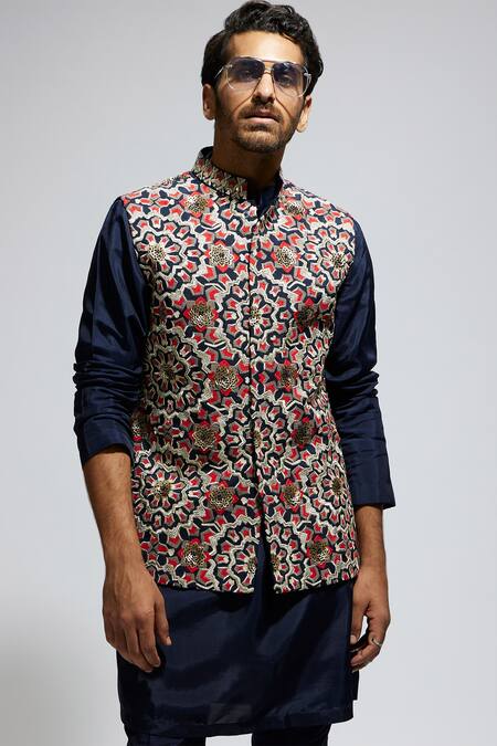 Shop Sva By Sonam & Paras Modi Blue Silk Embroidery Thread Bundi And Kurta Set Shop_Sva By Sonam & Paras Modi_Blue Silk Embroidery Thread Bundi And Kurta Set