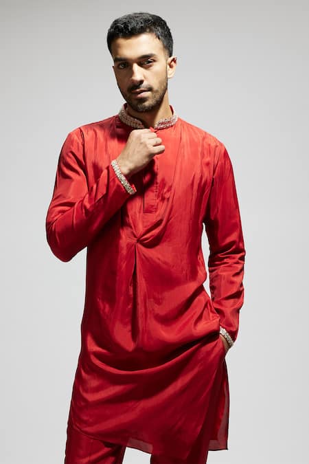 Shop Sva By Sonam & Paras Modi Red Crepe Embroidery Embellished Draped Kurta And Pant Set Shop_Sva By Sonam & Paras Modi_Red Crepe Embroidery Embellished Draped Kurta And Pant Set