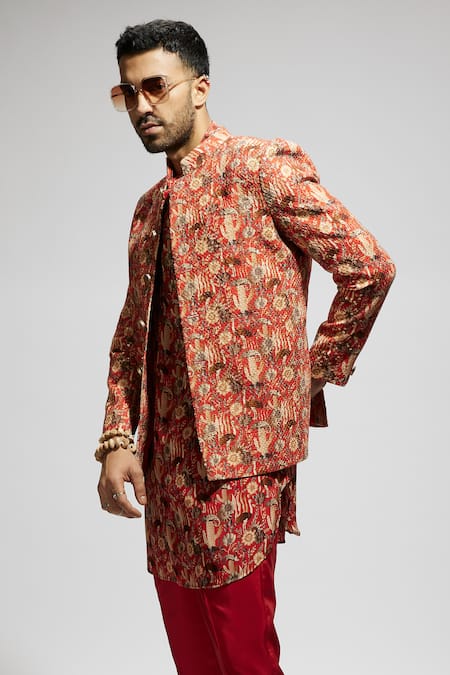 Buy_Sva By Sonam & Paras Modi_Orange Silk Sequins, Embroidery Floral Jaal Bandhgala Set