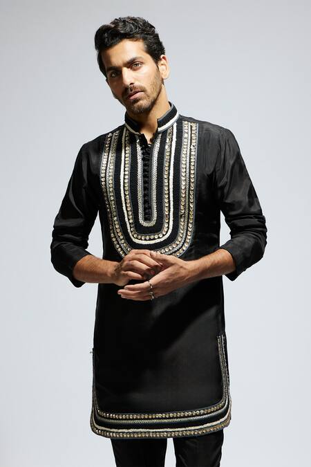 Shop_Sva By Sonam & Paras Modi_Black Silk Sequins, Embroidery Kurta Set