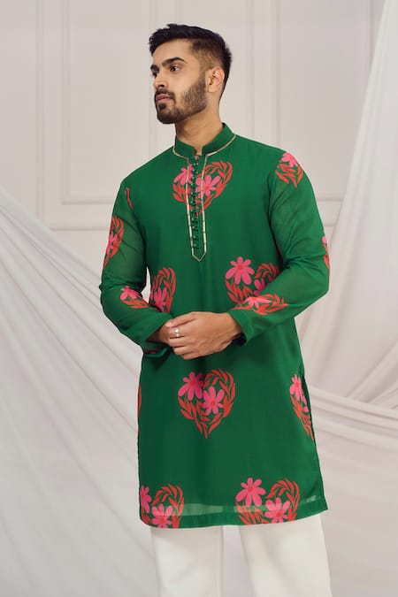 Buy_Harshita Singhvi_Green Georgette, Linen Floral Heart Printed Kurta _Online_at_Aza_Fashions