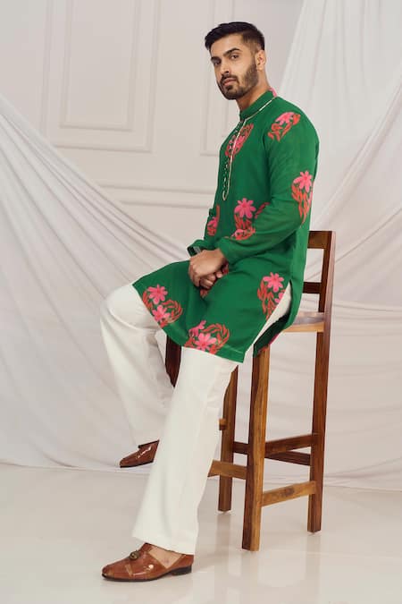 Shop_Harshita Singhvi_Green Georgette, Linen Floral Heart Printed Kurta _Online_at_Aza_Fashions