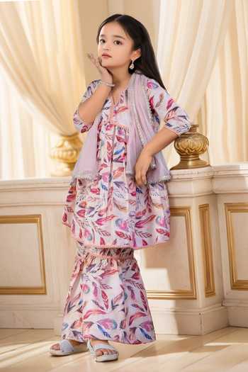 Buy Petite Pomme Peach Muslin, Net Lace Feather Print Peplum Kurta And Sharara Set Buy_Petite Pomme_Peach Muslin, Net Lace Feather Print Peplum Kurta And Sharara Set