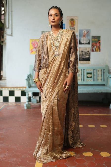 Chambray & CO._Beige Silk, Tissue Patchwork, Embroidery Open Neck Resham Overlay And Saree Set _at_Aza_Fashions
