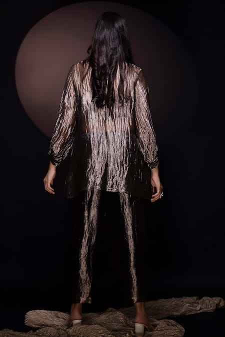 Shop Chambray & CO. Black Silk Collared Textured Shirt And Pant Set at Aza Fashions Shop_Chambray & CO._Black Silk Collared Textured Shirt And Pant Set _at_Aza_Fashions