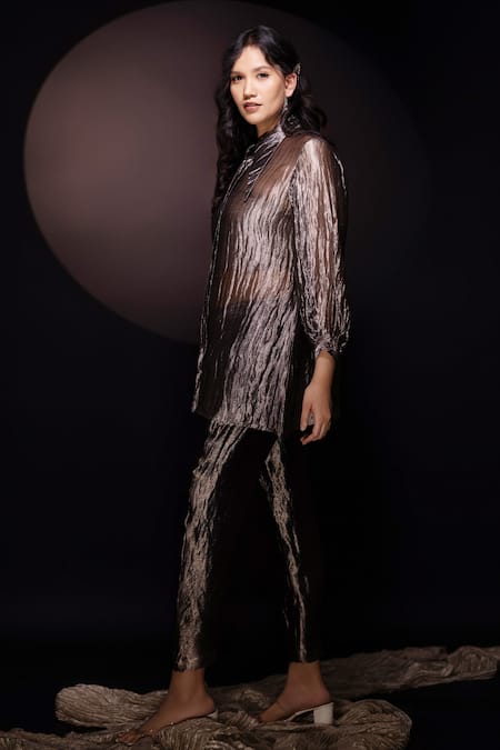 Buy Chambray & CO. Black Silk Collared Textured Shirt And Pant Set Online at Aza Fashions Buy_Chambray & CO._Black Silk Collared Textured Shirt And Pant Set _Online_at_Aza_Fashions