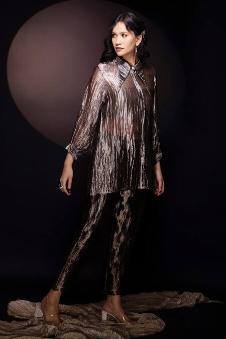 Chambray & CO. Black Silk Collared Textured Shirt And Pant Set at Aza Fashions Chambray & CO._Black Silk Collared Textured Shirt And Pant Set _at_Aza_Fashions