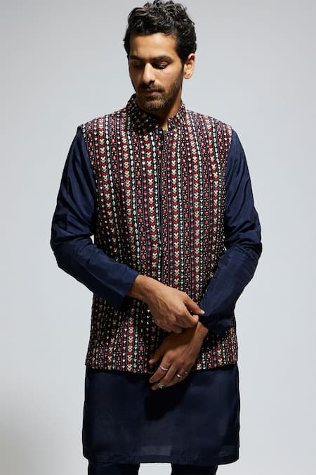 Sva By Sonam & Paras Modi_Blue Crepe Studs Geometric Print Bundi And Kurta Set_Online_at_Aza_Fashions