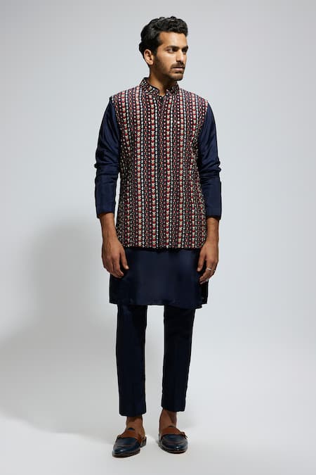 Buy_Sva By Sonam & Paras Modi_Blue Crepe Studs Geometric Print Bundi And Kurta Set_Online_at_Aza_Fashions