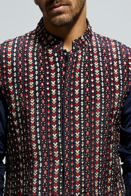 Buy_Sva By Sonam & Paras Modi_Blue Crepe Studs Geometric Print Bundi And Kurta Set