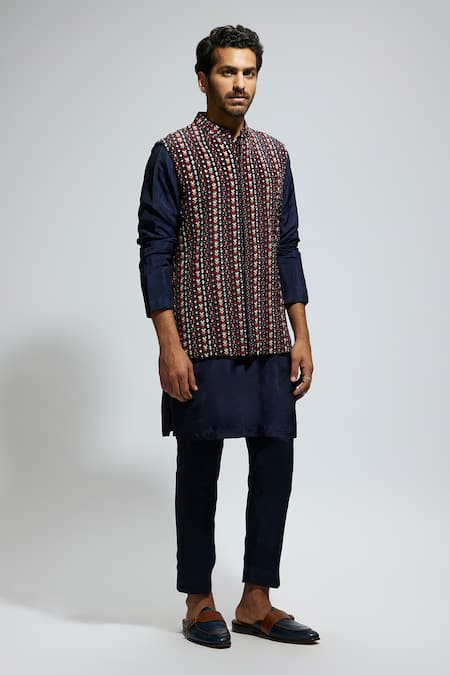 Shop_Sva By Sonam & Paras Modi_Blue Crepe Studs Geometric Print Bundi And Kurta Set