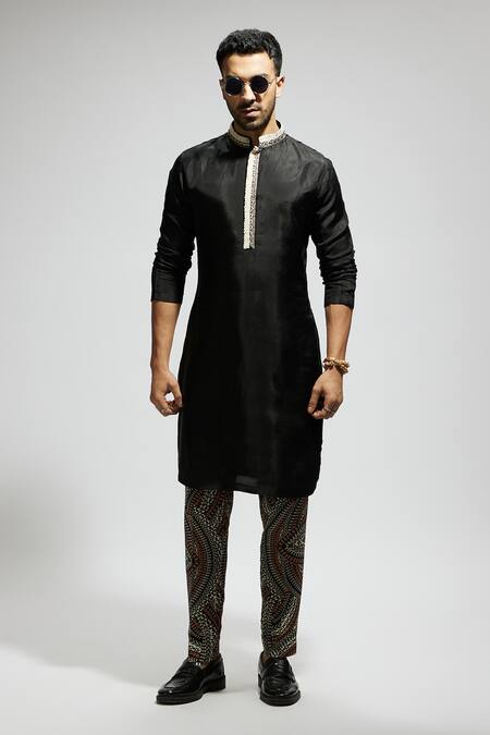 Sva By Sonam & Paras Modi_Black Crepe Embroidery Placement Embellished Kurta Set_Online_at_Aza_Fashions
