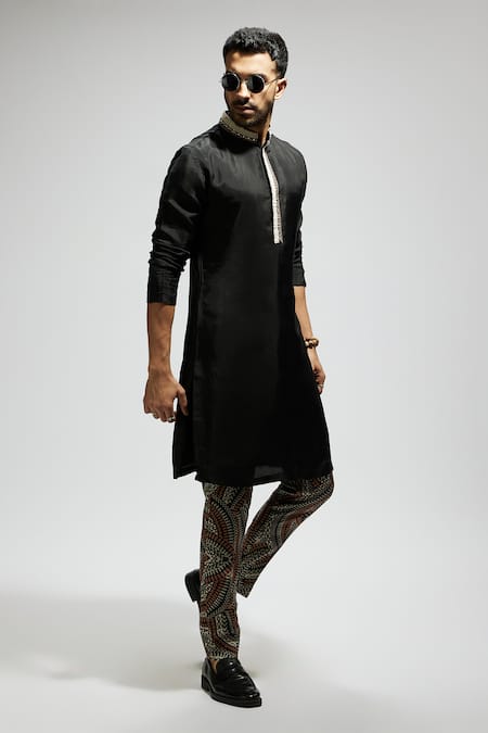 Buy_Sva By Sonam & Paras Modi_Black Crepe Embroidery Placement Embellished Kurta Set_Online_at_Aza_Fashions