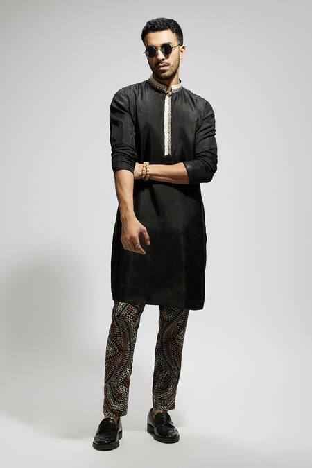 Sva By Sonam & Paras Modi_Black Crepe Embroidery Placement Embellished Kurta Set_at_Aza_Fashions