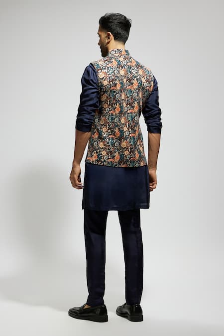 Shop Sva By Sonam & Paras Modi Blue Silk, Crepe Sequins, Embroidery Botanic Patterned Bundi Kurta Set at Aza Fashions Shop_Sva By Sonam & Paras Modi_Blue Silk, Crepe Sequins, Embroidery Botanic Patterned Bundi Kurta Set_at_Aza_Fashions